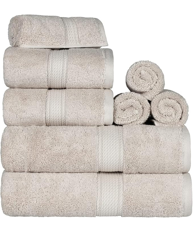 Superior Egyptian Cotton Pile 8 Piece Towel Set, Includes 2 Bath, 2 Hand, 4 Face Towels/Washcloths, Ultra Soft Luxury Towels, Thick Plush Essentials, Guest Bath, Spa, Hotel Bathroom, Stone