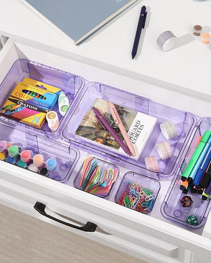 14 Pcs Adjustable Clear Drawer Organizer, Extendable Vanity Storage Bins, Desk Drawer Organizer Set for Makeup, Cosmetics, Bedroom, and Gadgets, Purple
