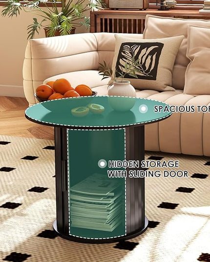 COSVALVE Round Wood Coffee Table 23.6IN with Hidden Storage & Sliding Door, Circle Farmhouse Side Table Sets for Living Room, Bedroom, Balcony, Small Spaces, Black