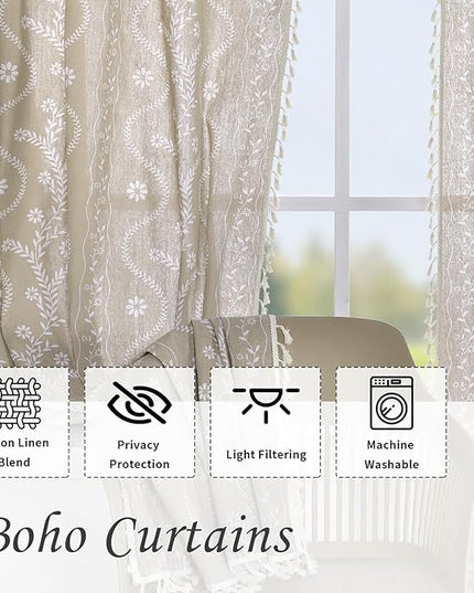 Boho Curtains 2 Panel for Living Room 84 Inches Long Linen Floral Curtains Semi Sheer Vintage Farmhouse Window Curtain Rustic Western Curtain Tan
