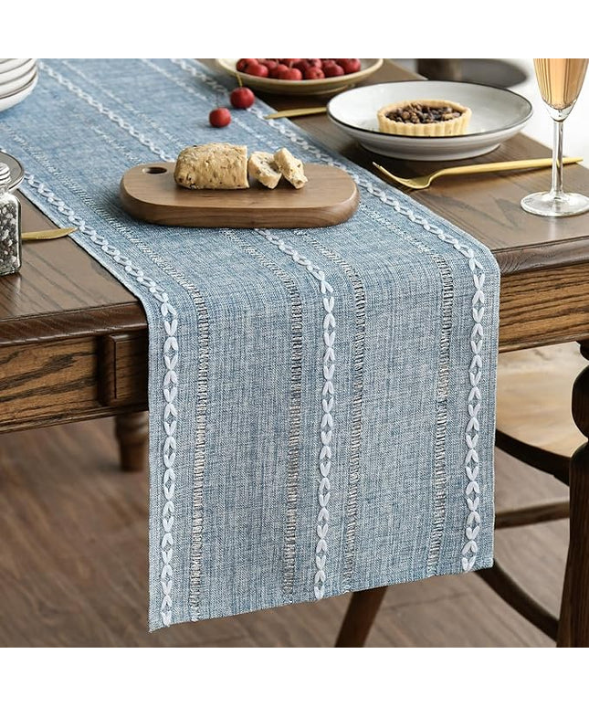 Artoid Mode Dusty Blue Cotton Linen Table Runner, Seasonal Rustic Embroidered Hollow Kitchen Dining Table Decoration for Home Party Decor 13x108 Inch