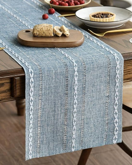 Artoid Mode Dusty Blue Cotton Linen Table Runner, Seasonal Rustic Embroidered Hollow Kitchen Dining Table Decoration for Home Party Decor 13x36 Inch