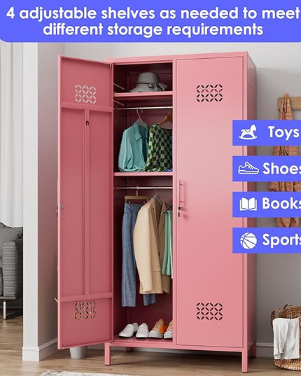 Aobabo Metal Wardrobe Cabinets with Lock, 2 Door Metal Closet wtih 4 Adjustable Shelves and 2 Hannging Rod, Lockable Locker Cabinet, Storage Locker for Home, Office,Pink, Assembly Required