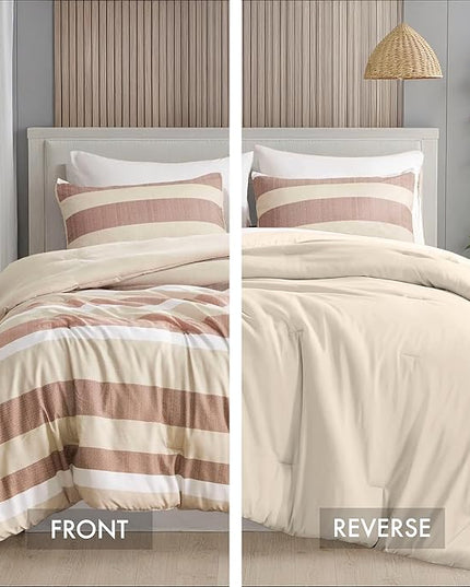 King Comforter Set, 3 Pieces Striped Bed Set, Soft Brushed Microfiber Reversible Bedding Set for All Season, Lightweight & Breathable Bedding Set with Comforter & Shams, Terracotta