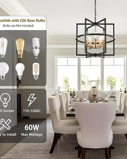 19'' Black and Gold Chandeliers for Dining Room, 5-Light Modern Farmhouse Industrical Pendant Light Fixture Rustic Geometric Hanging Chandelier for Kitchen Island Entryway Hallway Foyer