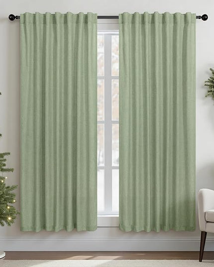 Light Sage Curtains 72 Inch Length for Bedroom 2 Panel Set Back Tab Rod Pocket Drapes Semi Sheer Light Filter Linen Woven Textured Olive Green Curtain for Living Room Dividing Closet Door 52x72 Long