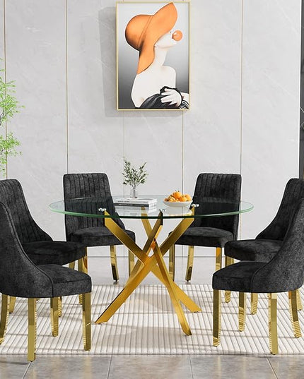 Round Glass Dining Table Set for 6, 47'' Clear Circular Kitchen Table and Chairs Set, 7PCS Modern Circle Dining Room Table Set with 6 Dining Chair for Home