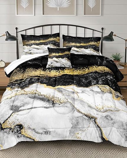 Marble Comforter Set Queen Size Black and Gold Bedding Comforter Set Gold Metallic Duvet Soft Lightweight Down Alternative Comforter Queen Bed in a Bag 8 Pcs Boys Girls Room Decor