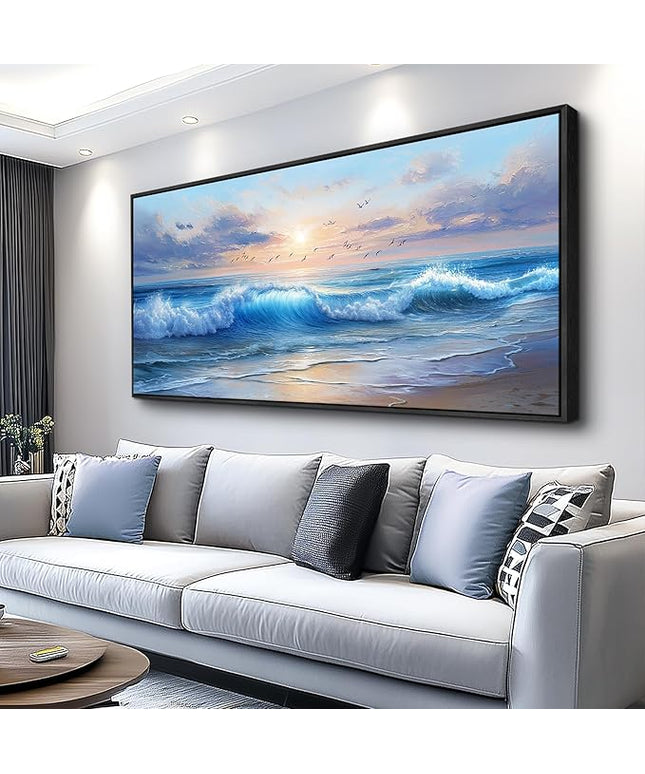 XIGUANGART Ocean Canvas Wall Art, Blue Sea Wave and Large Coastal Beach Paintings Sunset Seascape Pictures Framed Artwork Wall Decor for Living Room Bedroom Bathroom Kitchen Hallway Home Office