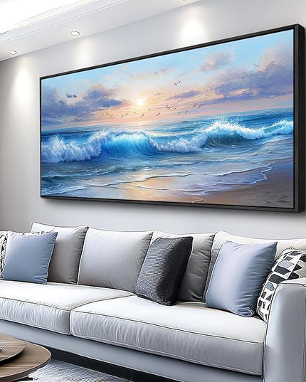 XIGUANGART Canvas Wall Art For Living Room Blue Sea Wave and Large Coastal Beach Paintings Sunrise Seascape Pictures Artwork Ocean Home Decorations Wall Decor for Bedroom Bathroom Hallway Office