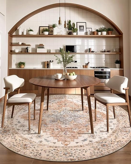 Ciicool Boho Area Rug Washable 6x6ft Round Bedroom Rug Non-Slip Oriental Throw Rug Low-Pile Floor Carpet for Dining Room Living Room(Vintage Cream/Brick)