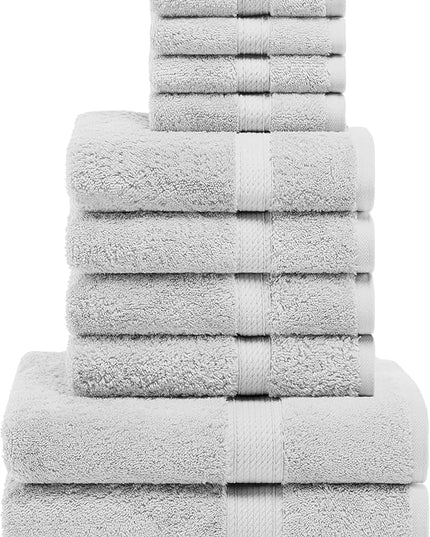 Superior Egyptian Cotton Pile 10 Piece Towel Set, Includes 2 Bath, 4 Hand, 4 Face Towels/Washcloths, Ultra Soft Luxury Towels, Thick Plush Essentials, Guest Bath, Spa, Hotel Bathroom, Silver