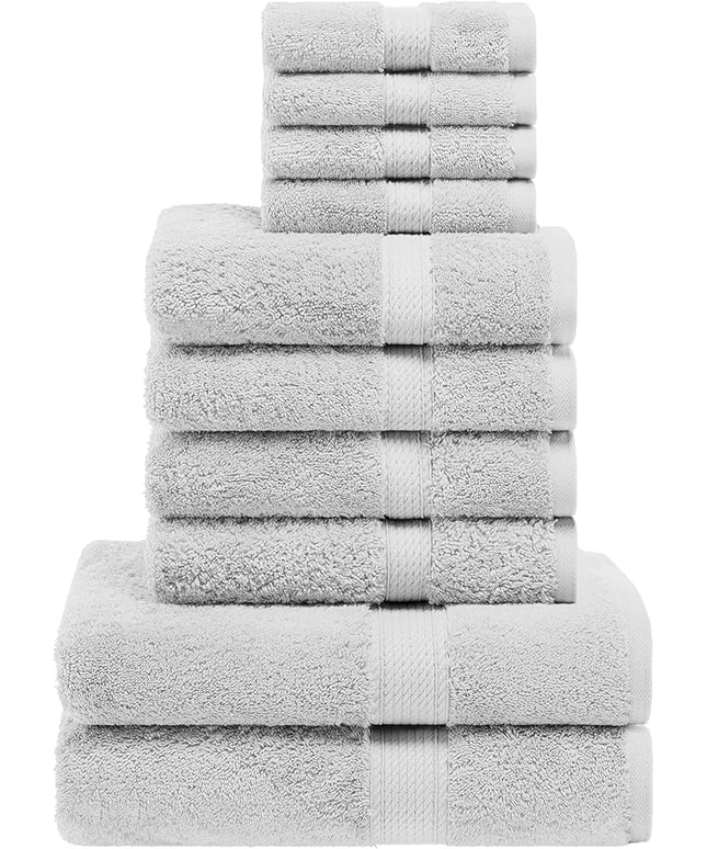 Superior Egyptian Cotton Pile 10 Piece Towel Set, Includes 2 Bath, 4 Hand, 4 Face Towels/Washcloths, Ultra Soft Luxury Towels, Thick Plush Essentials, Guest Bath, Spa, Hotel Bathroom, Silver