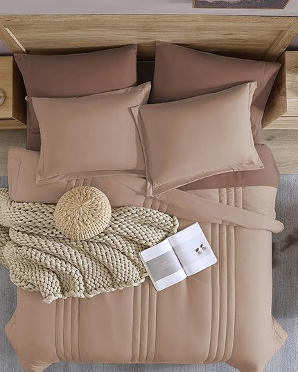 Monbix Queen Comforter Set - 7 Pieces Rust Pink Bed in a Bag Queen Bedding Sets with Comforters, All Seasons Comforter Bed Set with Sheets,Pillowcases & Shams