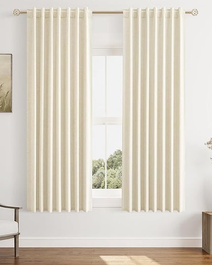 Guken Blackout Curtains 63 Inch Length 2 Panels Set for Living Room Bedroom Back Tab Thermal Insulated 100% Black Out Linen Drapes Room Darkening Window Curtains 63 Inches Long,Warm Beige