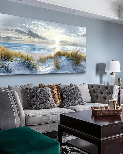 Lapremoly Framed Wall Art - Large Ocean Beach Wall Decor for Living Room, Office, Modern Bedroom - Blue Sea Landscape Pictures - 24"X48"