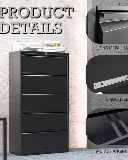 5 Drawer Lateral File Cabinet with Lock, Metal File Cabinet, Lateral File Cabinets for Home Office, Heavy Duty File Storage Cabinet for Legal/Letter/A4 Document, Assembly Required, Black