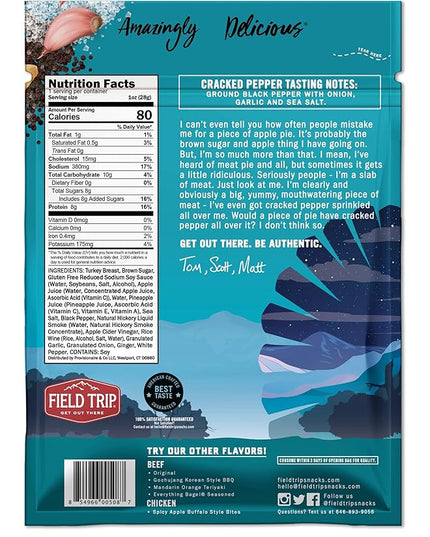 Field Trip Turkey Jerky, Gluten Free, Low Carb, Healthy High Protein Snacks, No Nitrates, All Natural Ingredients, Cracked Pepper, 1oz Bags, 12 Pack