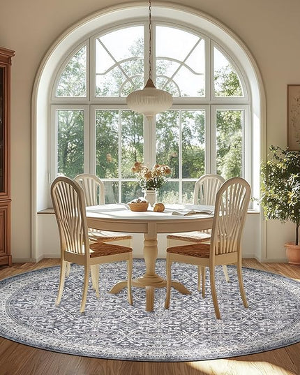 jinchan Round Rug 8ft Washable Circle Soft Rug - Low Pile Vintage 8'Round Indoor Grey Floral Print Stain Resistant Boho Carpet Ultra-Thin Non-Slip for Living Room Bedroom Dining Room Kitchen