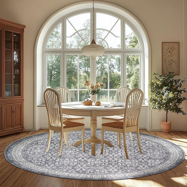jinchan Round Rug 7ft Washable Circle Soft Rug - Low Pile Vintage 7'Round Indoor Grey Floral Print Stain Resistant Boho Carpet Ultra-Thin Non-Slip for Living Room Bedroom Dining Room Kitchen