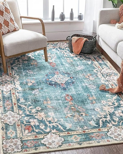 MUJOO Boho Rug 4'x6.5' Area Rugs for Bedroom Living Room Dining Room Teal Small Machine Washable Non Slip Carpet for Office Dorm Bedside Kitchen Laundry Room Accent Soft Blue Floral