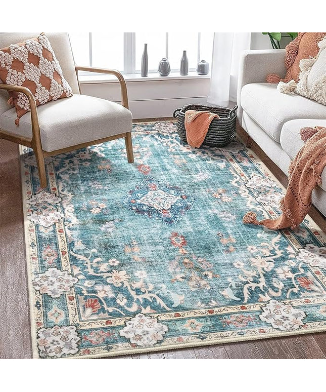 MUJOO Boho Rug 4'x6.5' Area Rugs for Bedroom Living Room Dining Room Teal Small Machine Washable Non Slip Carpet for Office Dorm Bedside Kitchen Laundry Room Accent Soft Blue Floral