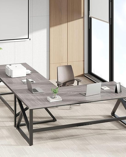 IBF 70 Inch Large Home Office Desk, Industrial Long Executive Work Writing Study Computer Table, Farmhouse Big Metal Wood Double Desk for Bedroom Living Room, Rustic Dual Monitor Desk, Light Grey