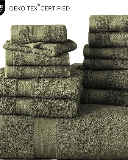Lane Linen 100% Cotton Luxury Bath Towel Set - 16 Pieces - Ring Spun, Super Soft & Highly Absorbent - 4 Bath, 8 Washcloths, 4 Hand Towels for Bathroom - Minimal Lint & Fading, Pre Shrunk - Olive Green