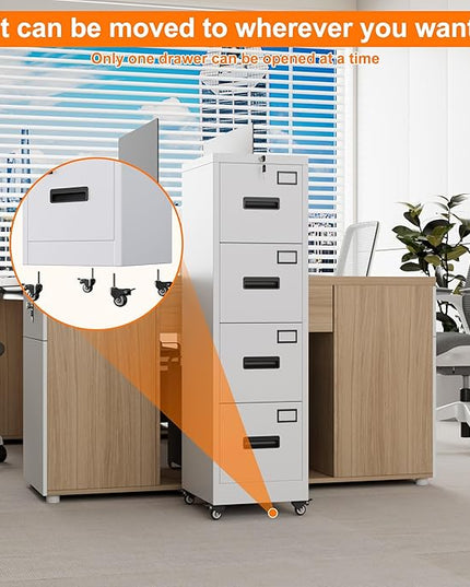 METAN 4 Drawer File Cabinet on Wheels, Lockable Metal Filing Cabinet with Handle and Name Card for Office Home,Assembly Required,White