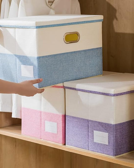 PRANDOM Large Foldable Storage Boxes with Lids [3-Pack] Fabric Collapsible Storage Bins Organizer Containers Baskets Cube with Cover for Home Bedroom Closet Office Nursery Blue&Cream(17.7x11.8x11.8)
