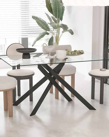 51" Rectangular Glass Dining Table Modern Kitchen Glass Top Table for 4 with Black Metal Legs, Clear Dining Table Kitchen Table for Home Office Dining Room