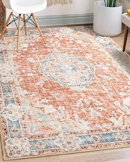 MUJOO Boho Rug 3'x5' Machine Washable Area Rugs Small Non Slip for Entryway Bedroom Bedside Kitchen Hallway Living Room Laundry Indoor Mat Soft Low-Pile Floral Orange Navy Blue