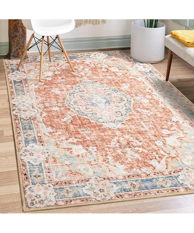 MUJOO Boho Rug 3'x5' Machine Washable Area Rugs Small Non Slip for Entryway Bedroom Bedside Kitchen Hallway Living Room Laundry Indoor Mat Soft Low-Pile Floral Orange Navy Blue
