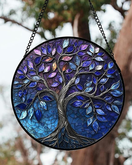 Stained Glass Window Hanging, Blue Purple Tree of Life Sun Catchers Colorful Glass Panel Plants Suncatcher Decor for Birthday for Women,Men,Wife, Lovers, and Mom 14.9x14.9 in