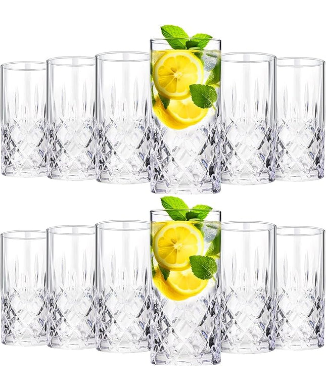 Uiifan Set of 12 Tall Highball Glasses 12 oz Crystal Drinking Glasses Clear Fancy Cups Vintage Textured Designer Glassware for Cocktail Tea Water Beer Soda Beverages, Dishwasher Safe (Classic Style)