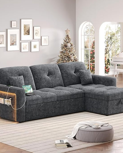 HIFIT LED Sectional Sleeper Sofa with Pull Out Couch Bed, Convertible L Shaped Sofa w/Storage Chaise, Adjustable Backrest & USB, 80'' Comfy Chenille Sectional Couch for Living Room Apartment, Grey