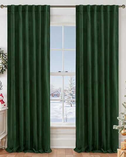 LAMIT Velvet 90 Inch Curtains for Living Room, Emerald Green Thermal Insulated Room Darkening Drapes Noise Reducing Back Tab and Rod Pocket Christmas Panels for Bedroom, Set of 2 Panels, 52 x 90 Inch