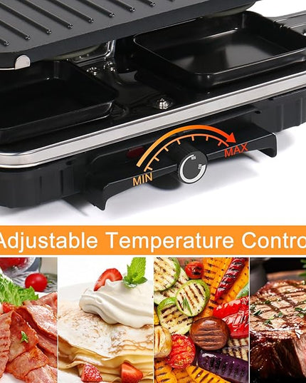 Raclette Table Grill, Indoor Grill Korean BBQ Grill Electric Griddle, 2 in 1 Electric Griddle Nonstick with 8 Raclette Cheese Pans Adjustable Temperature Control 1300W Ideal for Family and Party Fun