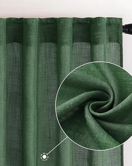 MIULEE Emerald Green Linen Curtains 120 Inches Long for Bedroom Living Room, Christmas Soft Thick Linen Textured Window Drapes Semi Sheer Light Filtering Back Tab Rod Pocket Burlap Look, 2 Panels