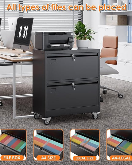 METAN Upgrade 2 Drawers Lateral File Cabinet on Wheels,Steel Office Filing Storage Cabinet with 2 Locks,Assembly Required,Black