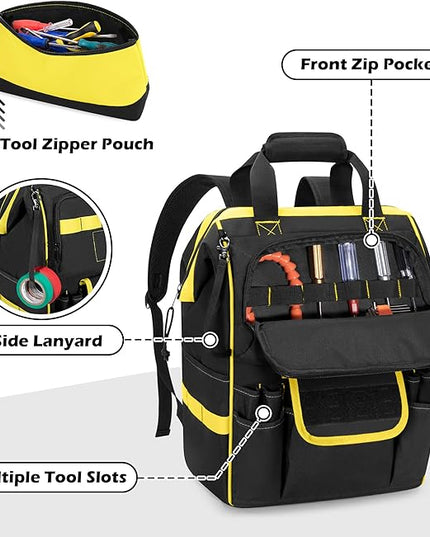 Tool Bag Backpack with Zipper Pouch and Magnetic Attraction Area, Heavy-Duty Tool Storage Organizer Bag, Tactical Work Tool Bag for Electrician, Repairman, HVAC Techs, Black