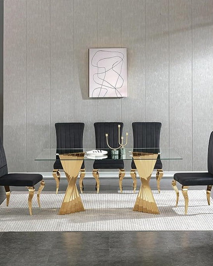70" Glass Dining Table,Gold Dinner Room Glass Table for 6 8,Modern Kitchen Dinner Table with Stainless Steel Base and Clear Tempered Glass Top for Living Dining Room