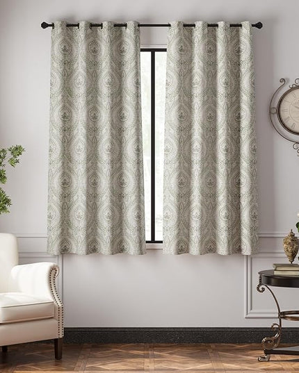 jinchan Linen Textured Curtains for Living Room Darkening 72 Inch Length, Medallion Drapes for Bedroom, Damask Pattern Window Treatments Vintage Curtain Panels, 2 Panels Sage Green on Greige