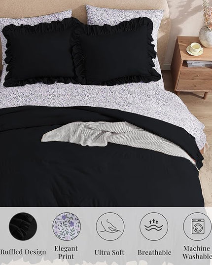 Queen Comforter Set - 7 Pieces Ruffle Black Bedding Sets, Shabby Chic Farmhouse Bed in a Bag Queen with Ruffle Comforter, Floral Sheets, Pillowcases & Shams
