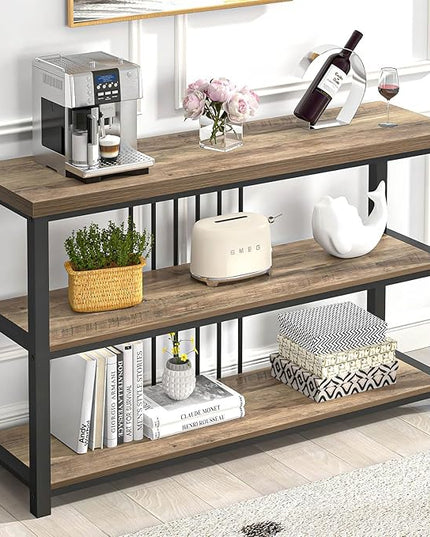 FOLUBAN Modern Sofa Table for Entryway, 3 Tier Narrow Console Table for Living Room Hallway Behind Couch, Rustic Oak