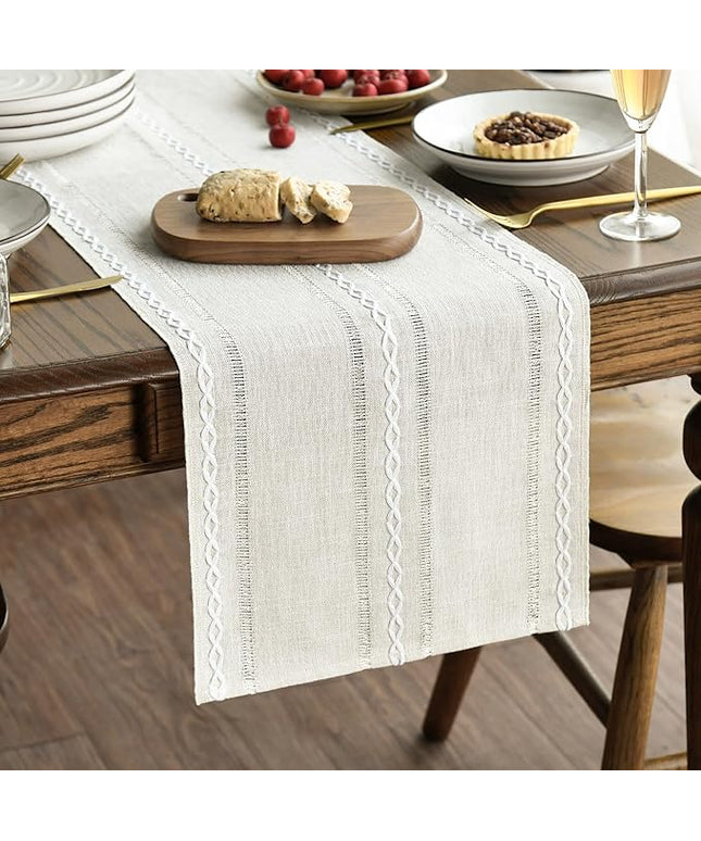 Artoid Mode Beige Rustic Cotton Linen Table Runner, Seasonal Embroidered Hollow Kitchen Dining Table Decoration for Home Party Decor 13x60 Inch