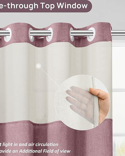 Blush Pink No Hooks Linen Shower Curtain with Snap in Liner Set Rustic Farmhouse Shower Curtains for Bathroom Cream Burlap Cloth Double Bath Curtains with See Through Top Window 72x75