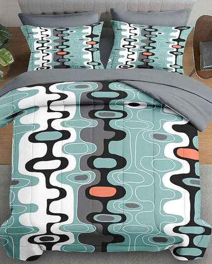 Comforter Set King Size, Mid Century Retro Stripe 7 Pcs Bedding for Kids and Adults, Vintage Geometric Cool Bed Sheet Sets with Fitted Sheet 2 Pillowcases & 2 Shams for Bedroom Bed Decor
