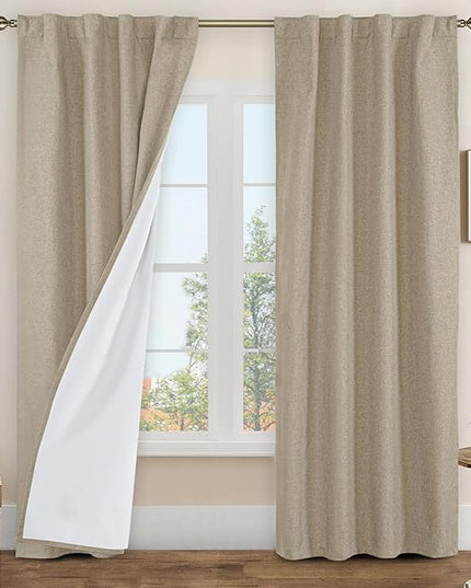 LAMIT 100% Blackout Linen Curtains, 84 Inch Linen Textured Living Room Farmhouse Curtains Room Darkening Back Tab and Rod Pocket Neutral Panels with White Liner, 2 Panels, 38 x 84 Inch, Taupe