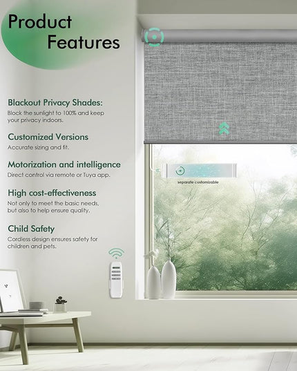 Yoolax Motorized Blinds with Remote, Blackout Remote Shades for Windows, Automatic Roller Shades Cordless Electric Blinds for Bedroom Living Room Office, Custom Size (Fabric Light Gray)